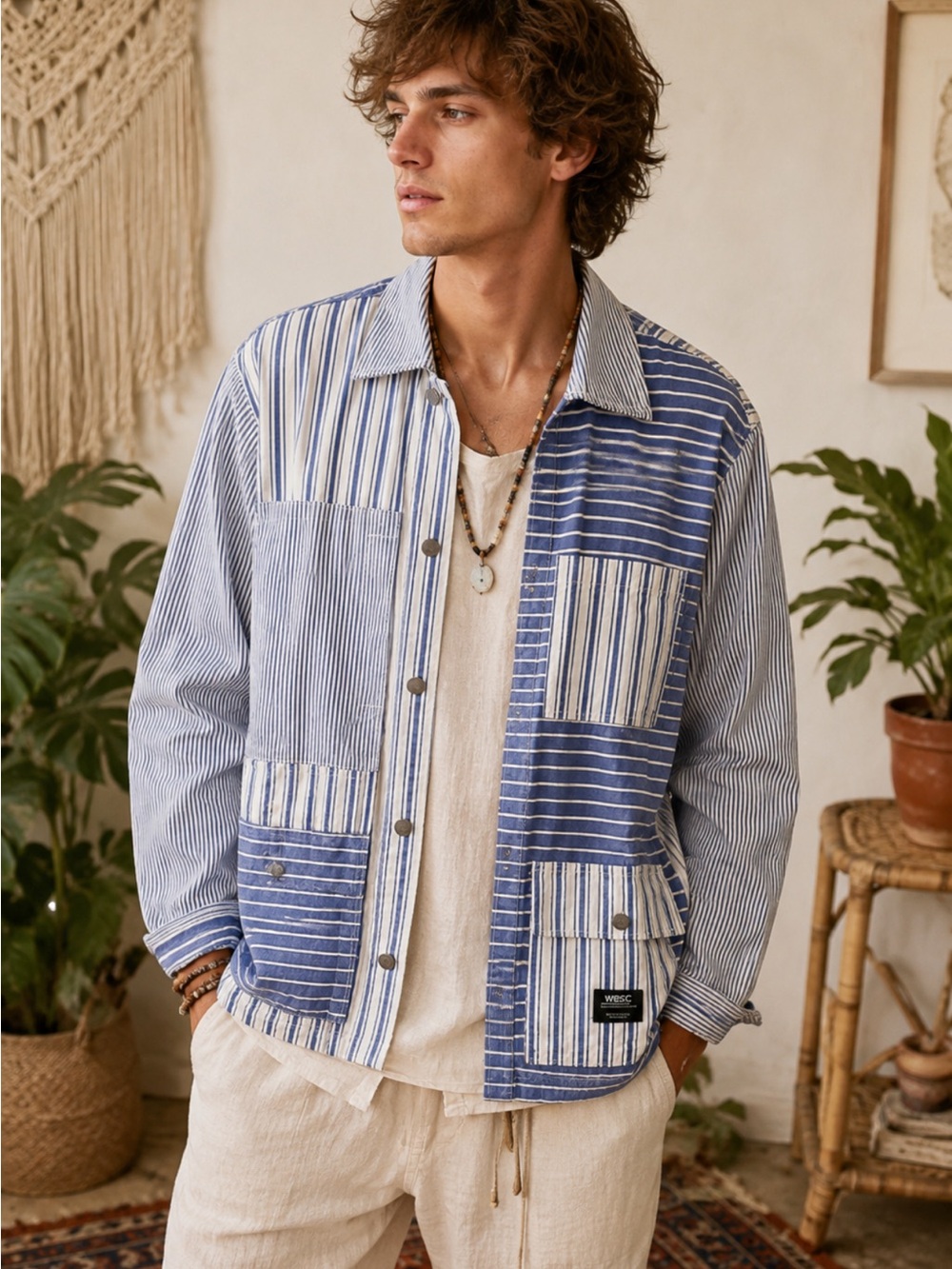 Wesc Blue & White Striped Patchwork Button-Up Jacket Unisex Mens L Womens XL
